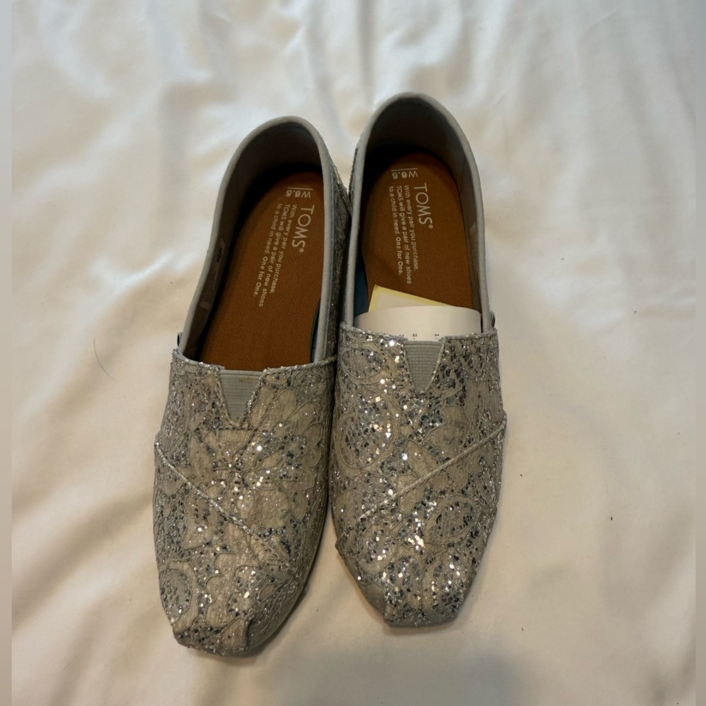 TOMS Shimmering Silver Embroidered Slip-Ons
